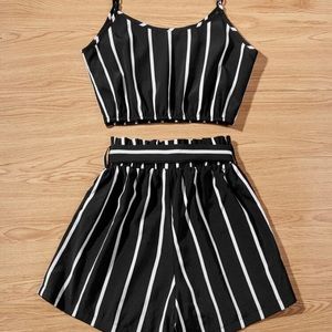 Stripped cropped cami top & belted shorts set.